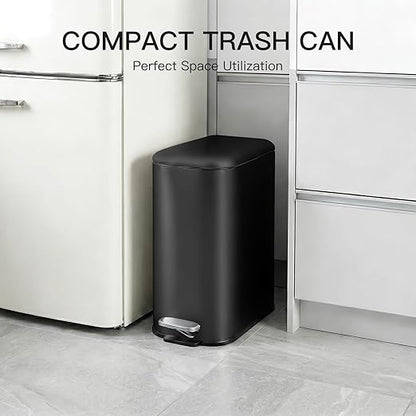 GlowSol Bathroom Trash Can with Lid, 3.2 Gallon 12 L Stainless Steel Step Trash Can with Removable Liner Bucket, Slim Small Wastebasket for Toilet Bedroom Office, Black