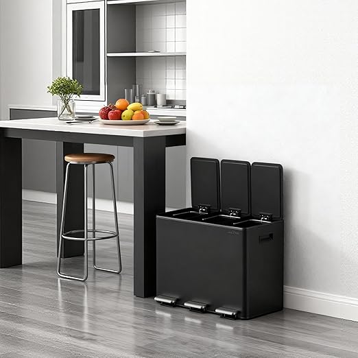 mVm 3 Compartment Trash Can, 12 Gal (3 x 4Gal) Triple Trash Can with Double Layer Lids, Modern Kitchen Office Garbage Can（Black）