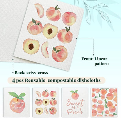 Peach Swedish Dishcloths for Kitchen, Pink Peach Cute Swedish Dish Cloths for Friut, Papaya Reusable Paper Towels, 4 Pack Cleaning Cloth for Kitchen, Reusable Paper Towels Washable