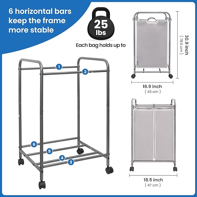 STORAGE MANIAC Laundry Sorter 2 Section, 90 L Gal Laundry Hamper with Wheels, Clothes Basket Separator Sorter, 2 Bag Clothes Cart with Wheels and Removable Bags for Closet, Dorm, Collage, Grey