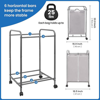 STORAGE MANIAC Laundry Sorter 2 Section, 90 L Gal Laundry Hamper with Wheels, Clothes Basket Separator Sorter, 2 Bag Clothes Cart with Wheels and Removable Bags for Closet, Dorm, Collage, Grey