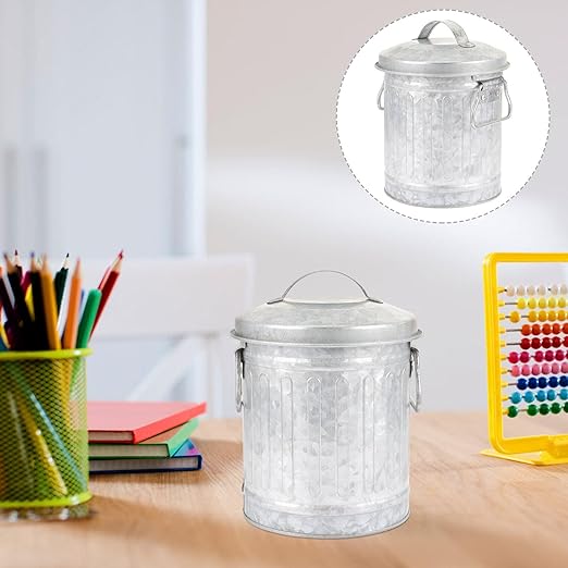 Zerodeko Desktop Stationery Bucket Small Trash Bin with Lid 7.28X5.70X5.70In Mini Wastebasket for Office and Home Desk Organizer Plant Holder Convenient Metal Rubbish can