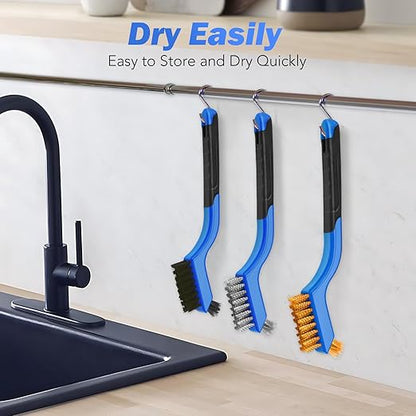 Wire Brush Set, 6 Pcs Stainless Steel/Brass/Nylon Wire Brushes for Cleaning with Curved Handle Grip for Rust Removal, Dirt, Paint Scrubbing(Blue)
