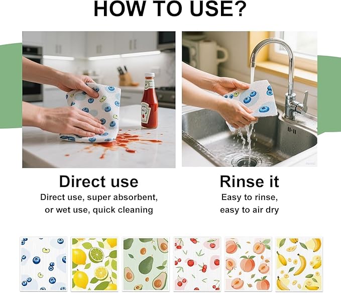 Swedish Dishcloths for Kitchen - 6 Pack Reusable Paper Towels, Non-Scratch Cellulose Cloths, No Odor, Biodegradable Cleaning Cloths