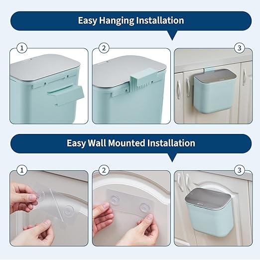 1.8 Gallon Kitchen Compost Bin for Counter Top or Under Sink, Hanging Small Trash Can with Lid for Cupboard/Bathroom/Bedroom/Office/Camping, Mountable Indoor Compost Bucket - Green