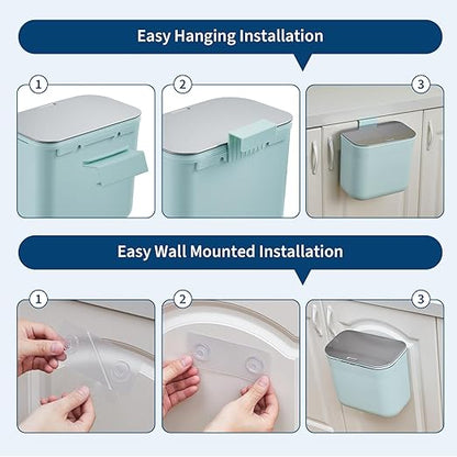 1.8 Gallon Kitchen Compost Bin for Counter Top or Under Sink, Hanging Small Trash Can with Lid for Cupboard/Bathroom/Bedroom/Office/Camping, Mountable Indoor Compost Bucket - Green
