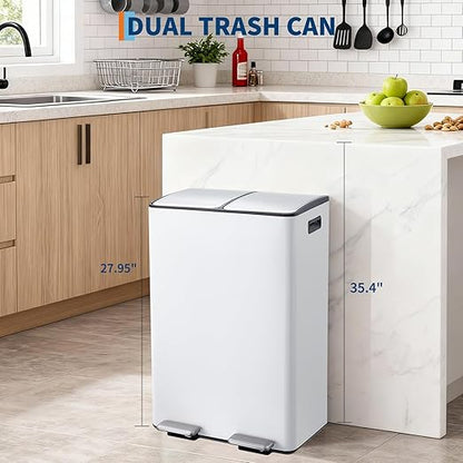 Takywep 2 x 8 Gal (2 x 30L) Kitchen Dual Trash Can, Stainless Steel Double Trash Can with 2 Removable Inner Buckets, Soft-Close Lid, Double Compartment Recycling Bin for Kitchen Home Office, White
