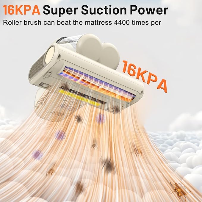 Mattress Vacuum Cleaner,16Kpa Suction with 253.7nm UV-C Light Bed Vacuum, 4400 Beats/Min,140℉ Heat Dry,Double-Cup Handheld Vacuums for BedCouch,Carpet,HEPA Filter System-Corded(White)