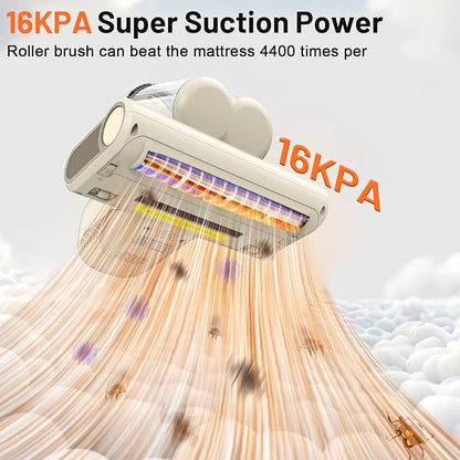 Mattress Vacuum Cleaner,16Kpa Suction with 253.7nm UV-C Light Bed Vacuum, 4400 Beats/Min,140℉ Heat Dry,Double-Cup Handheld Vacuums for BedCouch,Carpet,HEPA Filter System-Corded(White)