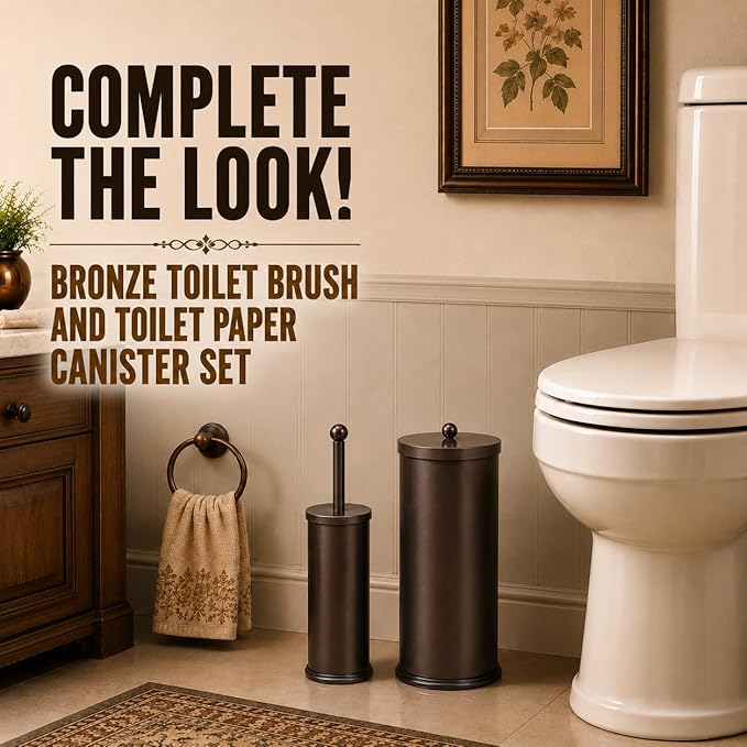 HUJI Rust Resistant Bronze Toilet Brush Holder with Lid Perfect Bathroom Bowl Cleaning Set Gift for House Warming or College Dorms Accessories (1, Bronze Toilet Brush)