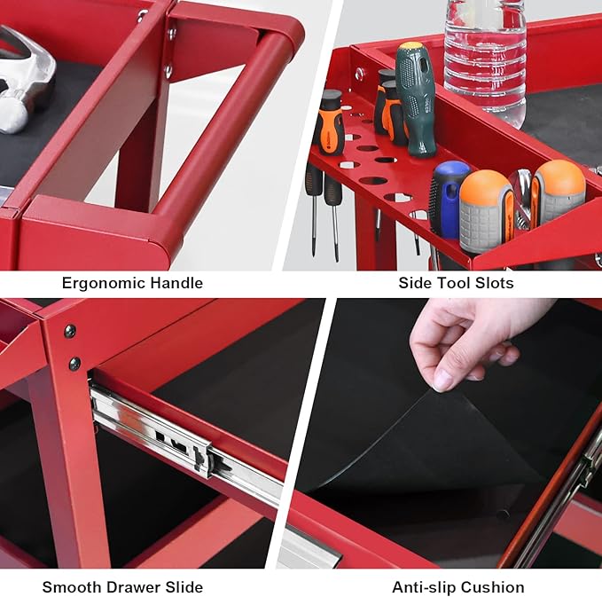 GSTANDARD APTB311R Torin Rolling Tool Cart with Drawer: 3 Layer Tool Oragnizer with Foam Pad and Heavy Duty Utility Cart with Four Swivel Casters, Red