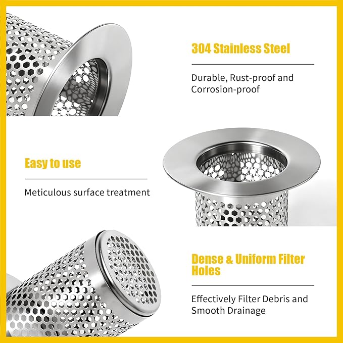 304 Stainless Steel Shower Drain Hair Catcher – Bathtub & Bathroom Sink Drain Strainer, Small Deep Basket Cover, Anti-Clog Pet Hair Catcher with Large Water Flow, Universal Tub Drain Filter Stopper