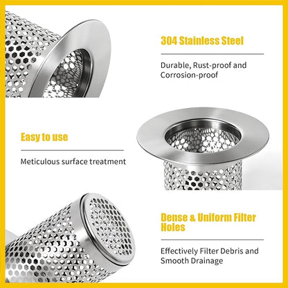 304 Stainless Steel Shower Drain Hair Catcher – Bathtub & Bathroom Sink Drain Strainer, Small Deep Basket Cover, Anti-Clog Pet Hair Catcher with Large Water Flow, Universal Tub Drain Filter Stopper