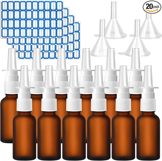 20 Pcs Nasal Spray Bottle, 30ML/1oz 12 Pcs Brown Empty Refillable Matte Glass Nasal Spray Bottle with 4 Funnels and 4 Labels