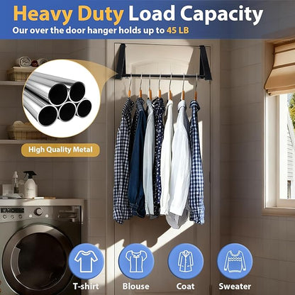 Over The Door Hanger, Foldable Over The Door Drying Rack with 20"-32" Expandable Width, Space Saving Doors Clothes Hanger for Laundry, Bathroom, Apartment, Fits Doors up to 1-1/4”, Metal, Black