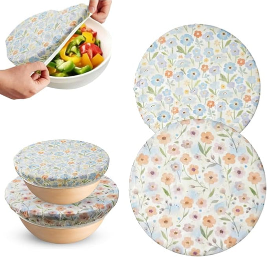 2-Pack Reusable Beeswax Bowl Covers with Floral Pattern, 10/12 Inch Elastic Cotton Food Storage Covers for Bread Proofing, Sourdough Dough & Kitchen Containers