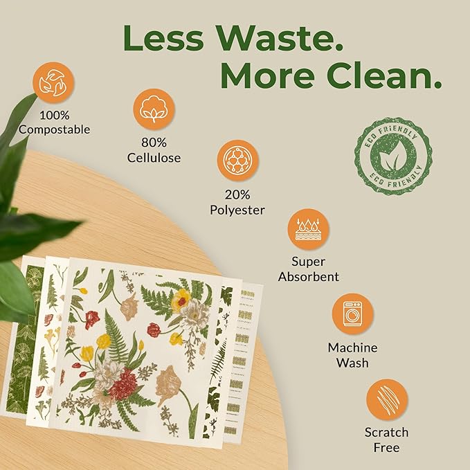 Swedish Dishcloths, Vintage Plant-Based Cellulose, 6.7x7.5 Inch, Super Absorbent, Multi-Surface, Machine Washable, Reusable, 5 Pack (Green)