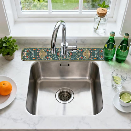 2 Pcs Kitchen Sink Splash Guard Faucet Mat Vintage Green Insects and Plants Faucet Mat for Sinks Absorbing Drying Mats for Kitchen Bathroom, 23.6x5.5inch