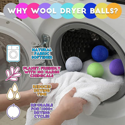 WILLBOND 10 Pack Wool Dryer Balls XL 3 Inch Reusable Laundry Natural No Lint Fabric Softener Replaces Dryer Sheets Wool Balls for Reduce Wrinkles Save Drying Time(Rainbow)