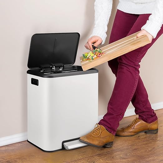 GAOMON Dual Bin Rectangular Trash Can, Stainless Steel Waste Bin with Lid, 30 Liters (2 X 15 L), Trash Can with Recycling Bin Combination, Soft Close and Airtight Lid - White