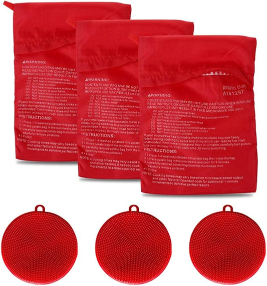 3 Pack Microwave Potato Bag Kit with Silicone Vegetable Scrubber Brush, Reusable Baked Potato Pouch and Multipurpose Silicone Dish Sponge (Red)