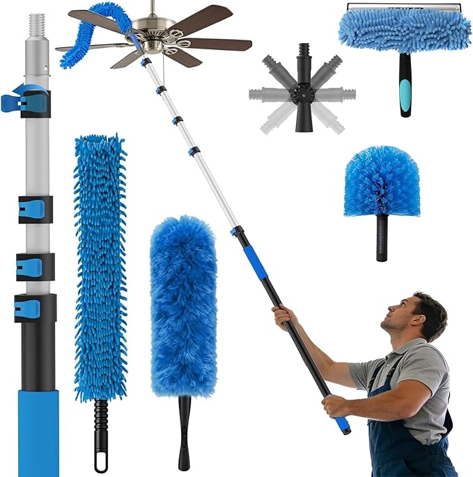 16FT Reach High Ceiling Duster Kits with 3-12FT Adjustable Pole - Includes Extra Long Duster, High Ceiling Duster, Rotatable Window Squeegee & Cobweb Duster for Ceiling Fans and Whole House Cleaning