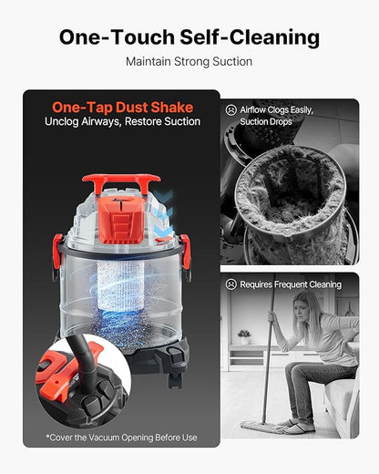 VEVOR Shop Vac, 5.8 Gallon Wet Dry Shop Vacuum, 4 Peak HP with One-Button Self-Cleaning, Dual-Filter, 900W Input Power, 1.25in x 7ft Hose, 9.8ft Cord, Metal Tank for Jobsite, Workshop, Garage, Home
