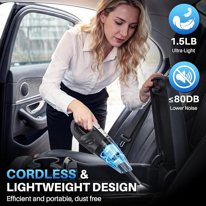 Handheld Cordless Car Vacuum Cleaner, 15000PA Powerful Suction Hand Held Cleaner Rechargeable, Portable Hand Vacuum with Multi-Nozzle, Washable Filter & Storage Case for Home, Office, Car, Pets