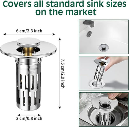 Vodolo 3 in 1 Sink Drain Strainer with Hair Catcher,Stainless Steel Popup Sink Stopper with Basket for Bathroom Kitchen Shower,Pop-up Bounce Core Floor Basin Drain Filter,Replacement Sink Plug 1PCS