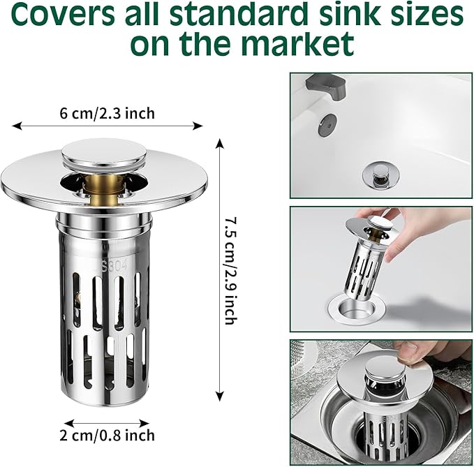 Vodolo 3 in 1 Sink Drain Strainer with Hair Catcher,8PCS Stainless Steel Popup Sink Stopper with Basket for Bathroom Kitchen Shower,Pop-up Bounce Core Floor Basin Drain Filter,Replacement Sink Plug