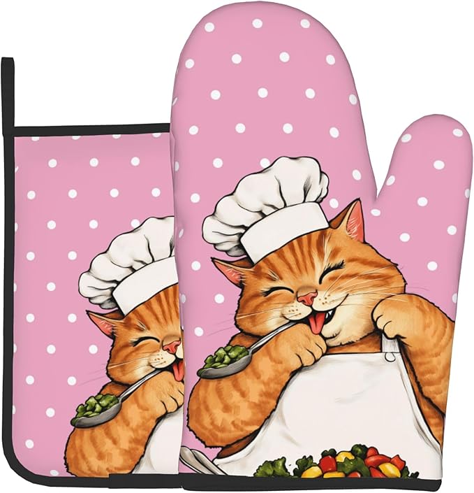 Cat Oven Mitts - Pink Oven Mitts and Pot Holders Sets of 2 Cute Kitten Cooker Kitchen Mitts Hot Pads for Baking Grilling