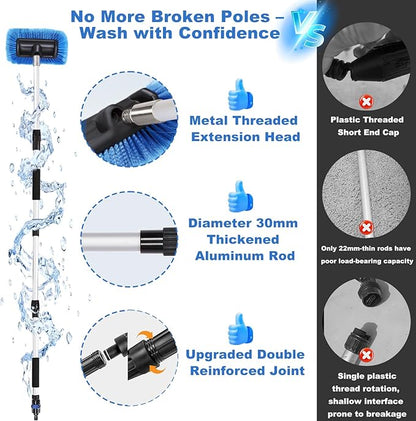 XCBYT Upgraded Car Wash Brush with Long Handle, 69'' Flow-Through RV Wash Brush Kit with Soft Bristle Brush, Chenille Mop, Squeegee & Duster, Adjustable Aluminum Pole Car Cleaning Kit for SUV RV Truck