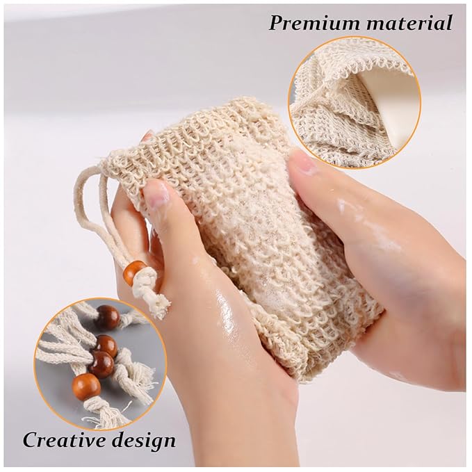 Soap Saver Bag, Soap Bag Soft for Shower, Exfoliating Mesh Soaps Saver Pouch Bags for Facial Body Cleansing Foaming (3.5''x5.5'', Beige with Wooden Beads)