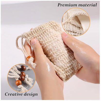 Soap Saver Bag, Soap Bag Soft for Shower, Exfoliating Mesh Soaps Saver Pouch Bags for Facial Body Cleansing Foaming (3.5''x5.5'', Beige with Wooden Beads)