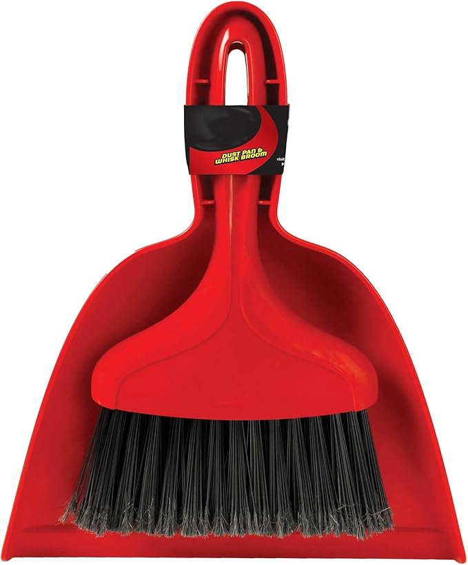 Whisk Broom and Dustpan Set, Red Handle with Black Bristles, Cleaning Combo