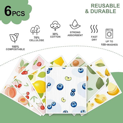 Swedish Dishcloths for Kitchen - 6 Pack Reusable Paper Towels, Non-Scratch Cellulose Cloths, No Odor, Biodegradable Cleaning Cloths