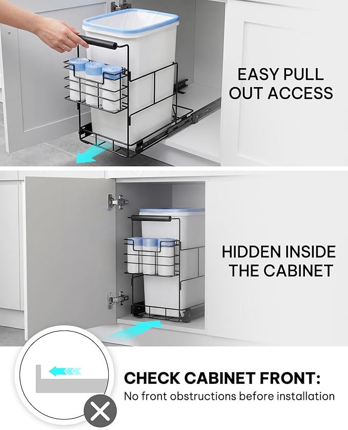 Bulado Pull Out Trash Can Under Cabinet, Under Sink Trash Can Kit with Side Bag Holder, Cabinet Pull Out Organizer for 7.5-10 Gallon Bin, Easy Installation, Bin Not Included