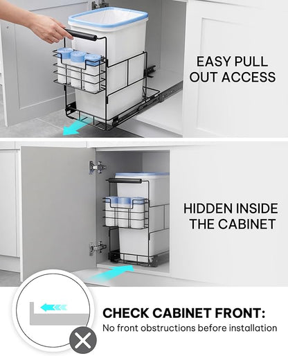 Bulado Pull Out Trash Can Under Cabinet, Under Sink Trash Can Kit with Side Bag Holder, Cabinet Pull Out Organizer for 7.5-10 Gallon Bin, Easy Installation, Bin Not Included