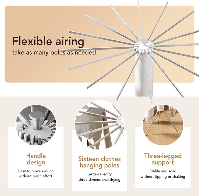 HEILAIYI Tripod Clothes Drying Rack,Space Saving Laundry Drying Rack,Drying Rack Clothing Foldable,Clothes Dryer Rack,Folding Cloth Rack for Laundry,16 Aluminium Poles