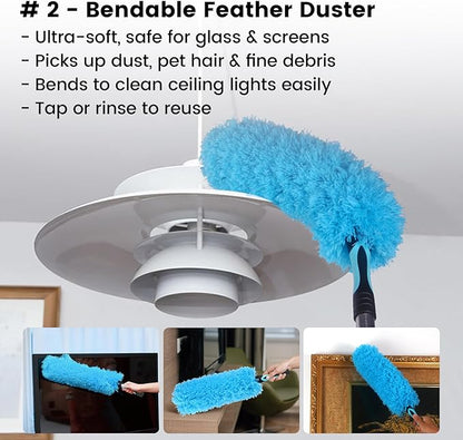 Ceiling Fan Duster Kit - 5-in-1 Cobweb Feather Duster & Squeegee Heads - Washable Bendable Microfiber - Fits Standard 3/4" Pole, Blue