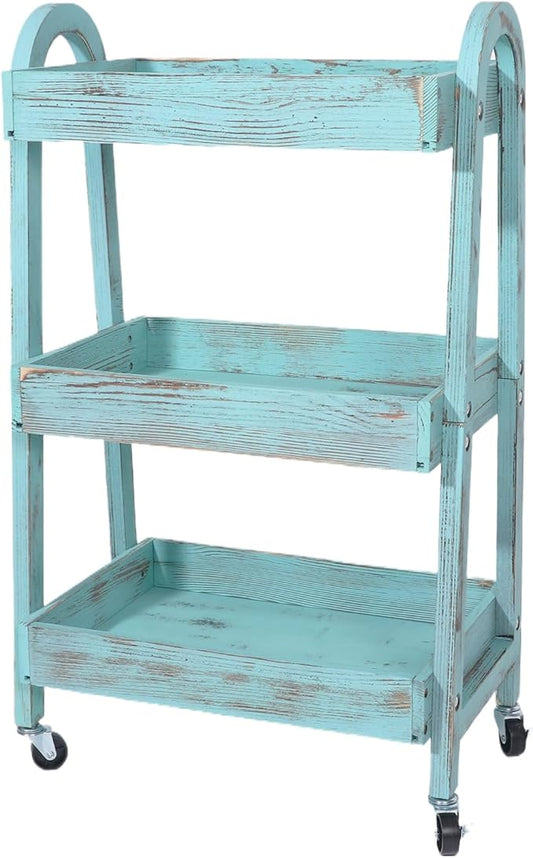 3-Tier Wooden Rolling Cart- Wooden Utility Cart wit Wheels- Utility Rolling Cart-Storage Trolley Organizer- Rolling Kitchen Serving Cart for Office,Kitchen, Kids' Room (Retro Blue)