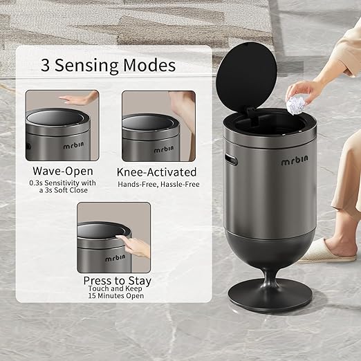 Mrbin Stainless Steel Motion Sensor Trash Can with Lid, 5.3 Gallon Wine Glass Shaped Automatic Waste Basket Touchless, Smart Round Tall Garbage with High Leg for Office, Bedroom, Kitchen, Eclipse Grey