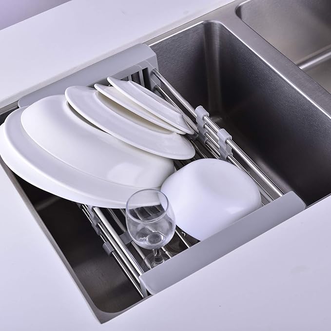 Sink Dish Drying Rack, Stainless Steel Drainer for 12.5"-20.5" Sinks, Kitchen Countertop Organizer for Dishes, Vegetables, and Fruits (Grey & Large Size)