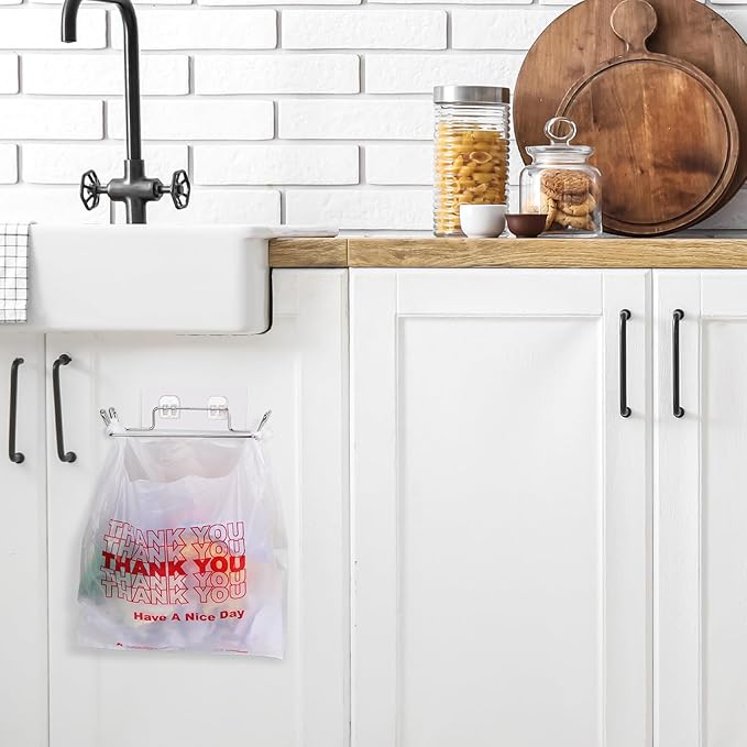 Tandefio 4 Pcs Stainless Steel Trash Bag Holder for Kitchen Cabinet Door and Cupboards with Wall Sticker Base Portable Under Sink Bag Holder for Plastic Bathroom Camper Picnics