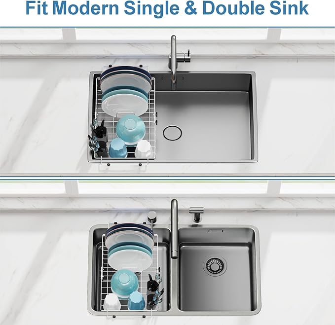GSlife Dish Drying Rack Over the Sink - Expandable Stainless Steel Heavy Duty Dish Drainer for Small Kitchen Apartment, Space Saving Sink Rack with Secure Lock Knob and Utensil Holder, Silver