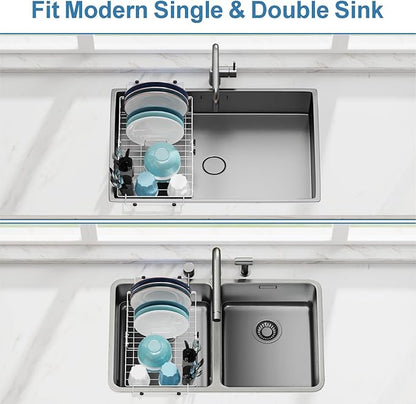 GSlife Dish Drying Rack Over the Sink - Expandable Stainless Steel Heavy Duty Dish Drainer for Small Kitchen Apartment, Space Saving Sink Rack with Secure Lock Knob and Utensil Holder, Silver