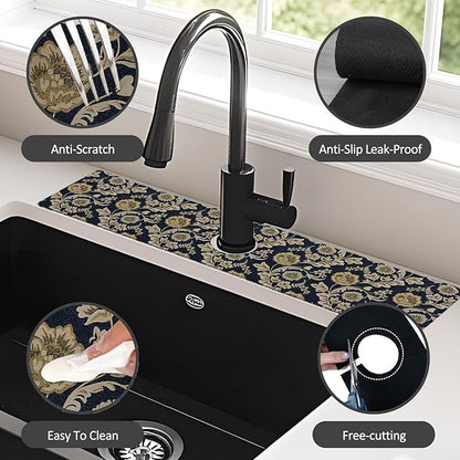 24" X 5.5" Kitchen Sink Splash Guard Faucet Mat Floral Flower Super Absorbent Fast Drying Faucet Guard & Draining Mat Sink Splash Guard Behind Faucet for Kitchen, Bathroom