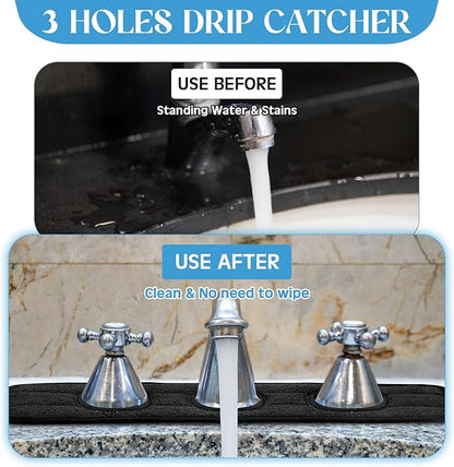 Teenyyou 2 Pcs Faucet Mat for Kitchen Sink Splash Guard for Kitchen Sink Faucet Dish Drying Mat for Bathroom Sponge Holder(Black,3 Round Holes)