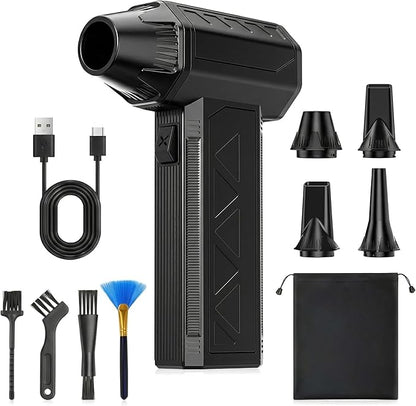 Cordless Electric Air Duster 120g Thrust (130,000 RPM), Mini Turbo Fan & Blower, 3-Speed, 4 Nozzles – Ultra Quiet for PC Cleaning, Keyboard, Car Detailing, Inflatables, Camping