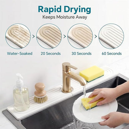 Stone Faucet Mat for Kitchen Sink-Diatomite Drying Stone Mat& Sink Protector,Quick Dry Water Absorbing Stone Tray ,Sink Splash Guard for Kitchen Counter & Bathroom Counter (White, 15.7"x3.9")